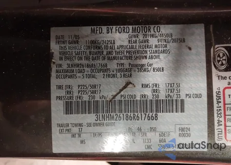 2006 Lincoln Zephyr из США, поврежденный, VIN 3LNHM26186R617668